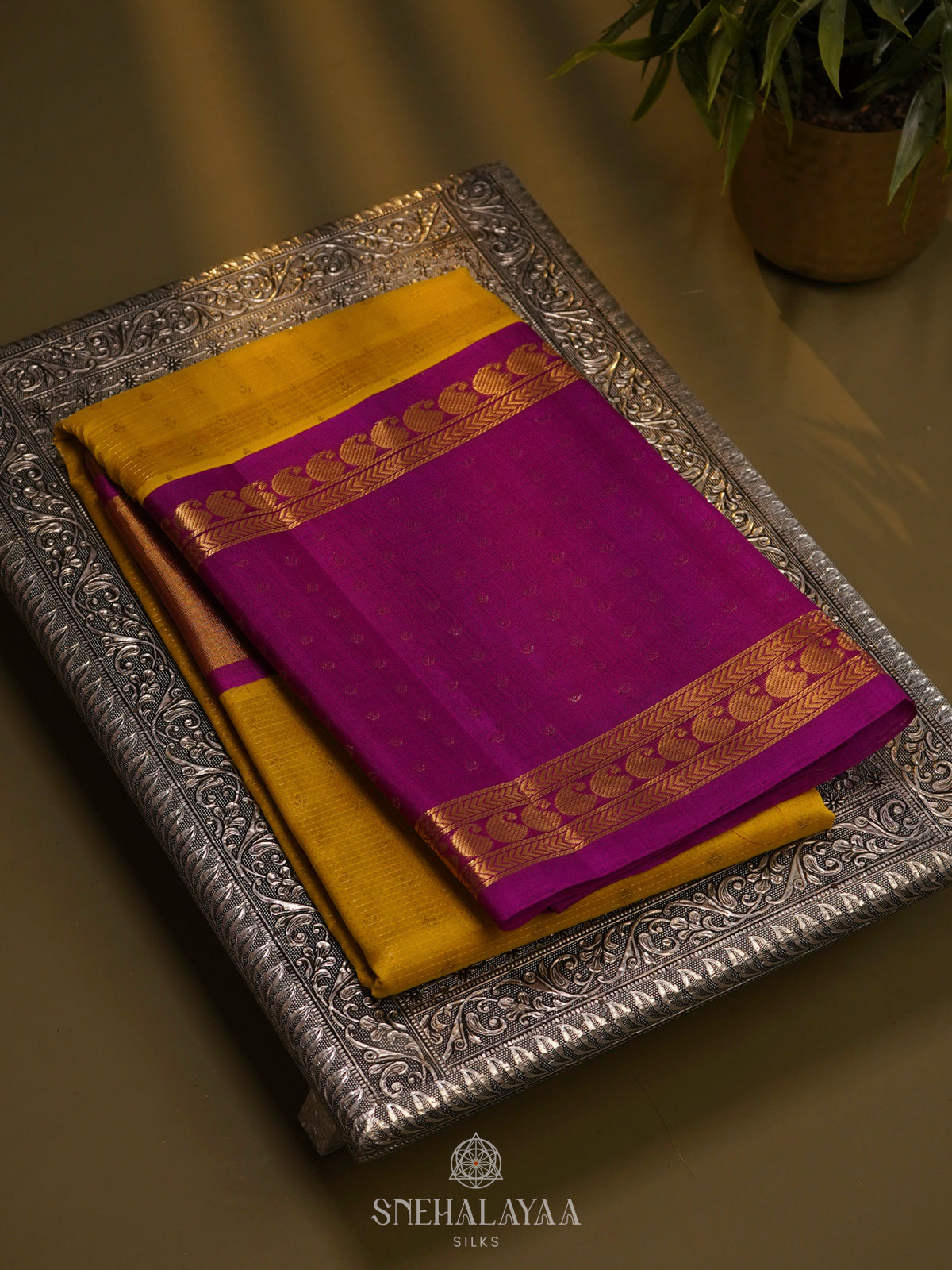 Yellow Kuppadam Silk Cotton Saree with Pink Border