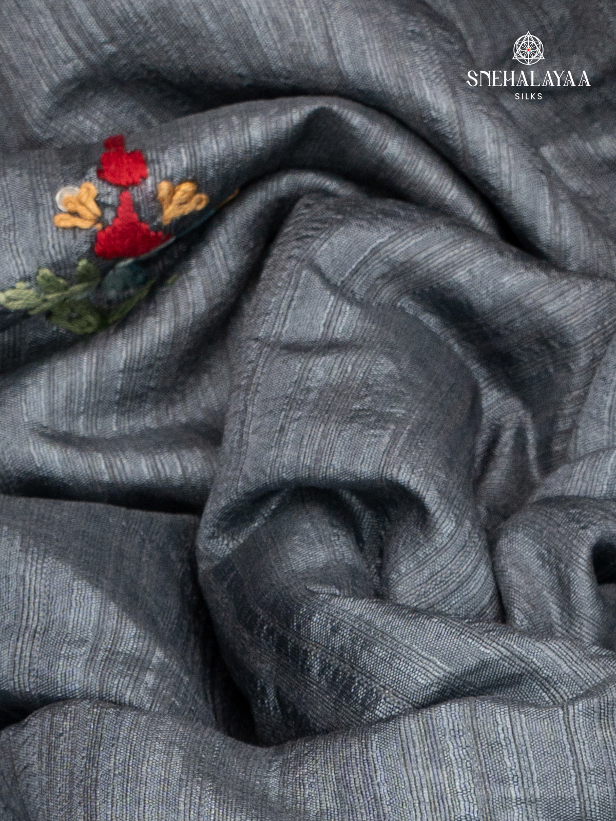 Grey Raw Silk Embroidery Saree