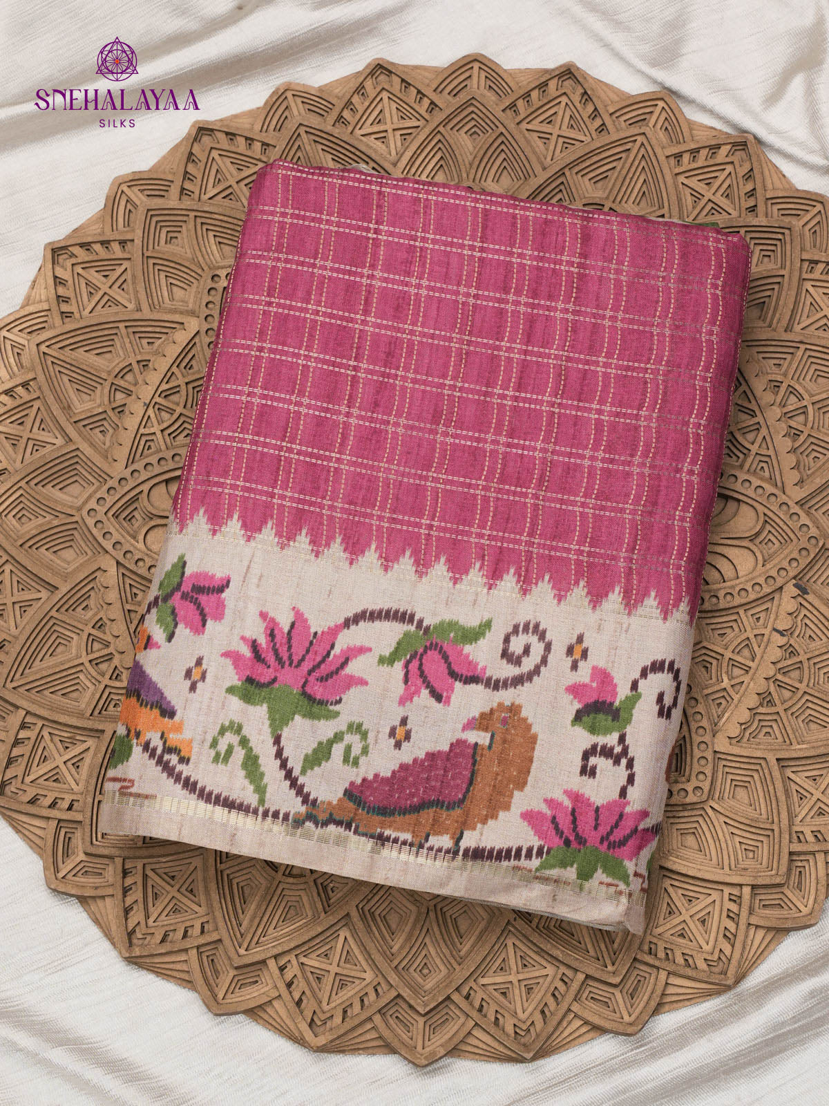 Pink Floral Printed Tussar Saree