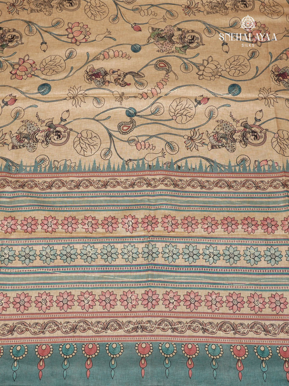 Beige With Teal Blue Border Floral Printed Tussar Saree