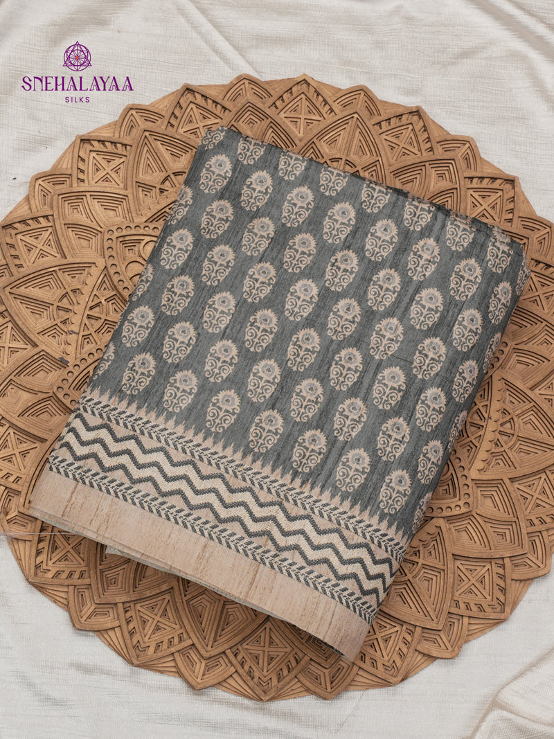 Grey Tussar Embroidery Saree