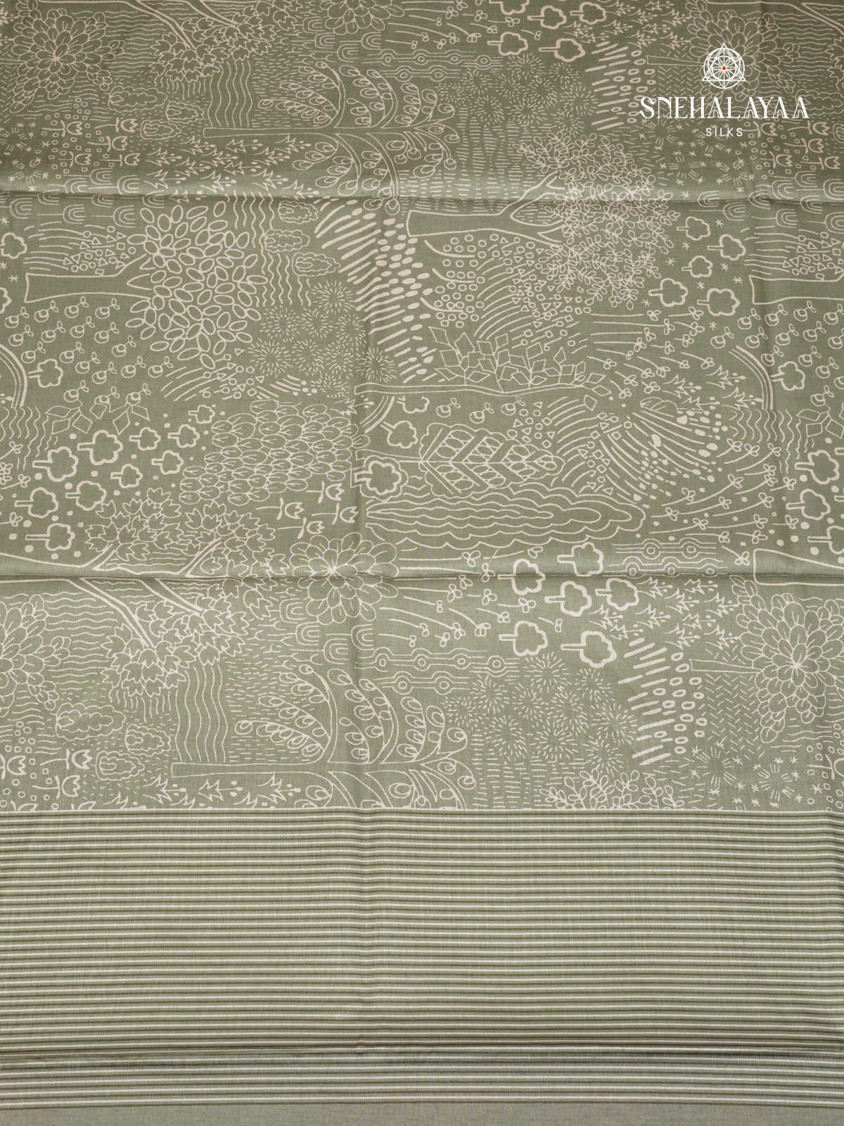 Moss Green Floral Printed Tussar Saree