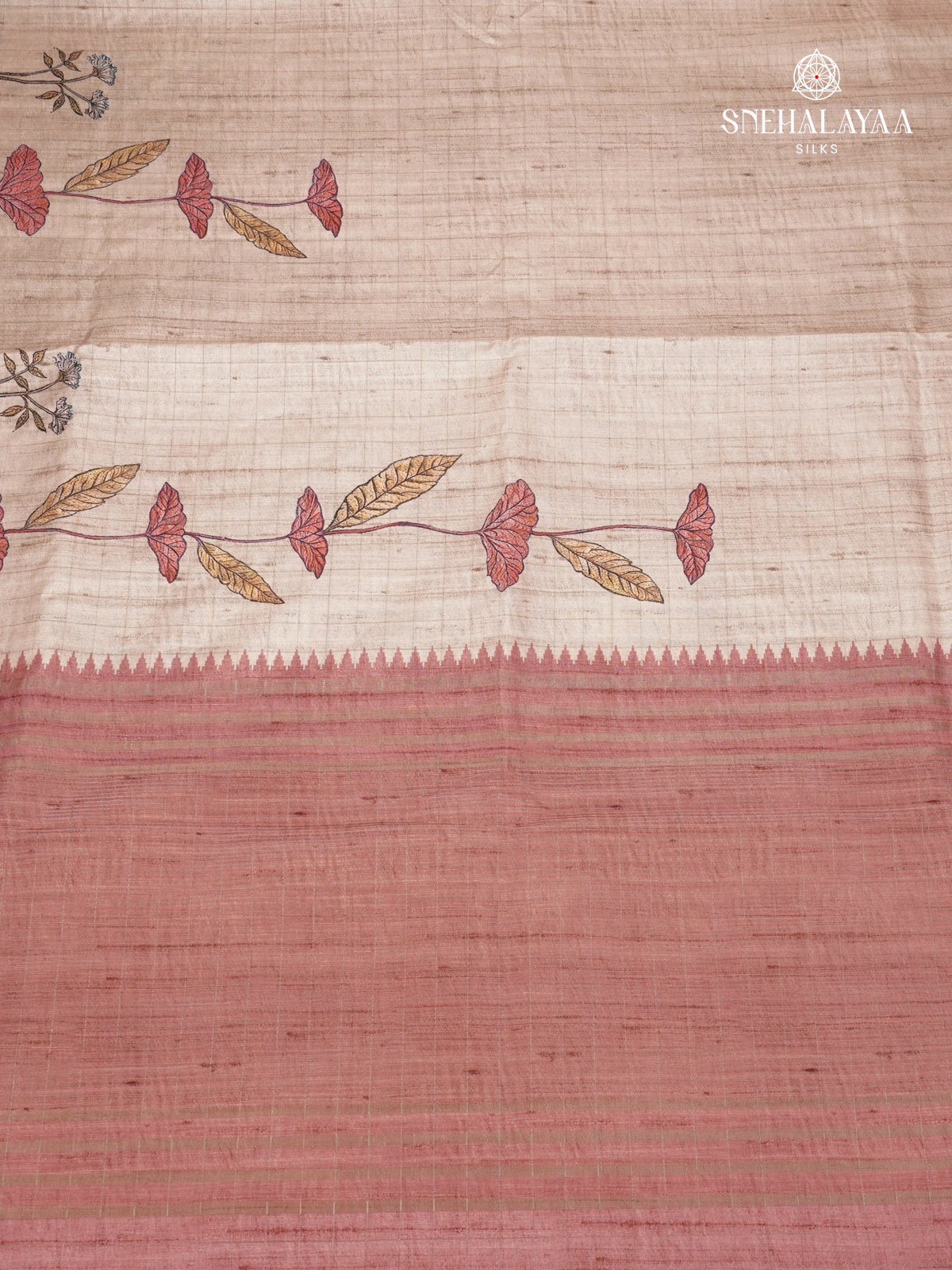 Beige With Maroon Border Floral Printed Tussar Saree