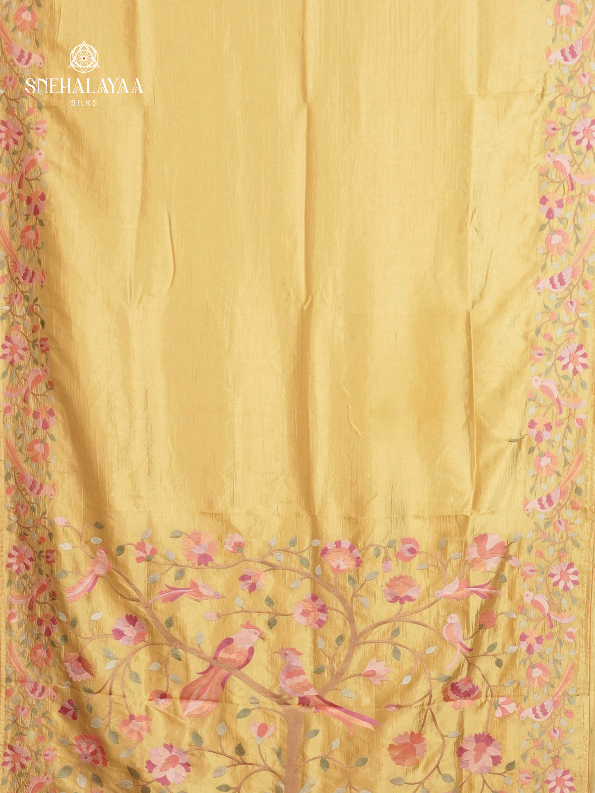 Pale Yellow Tissue Crush Embroidery Saree