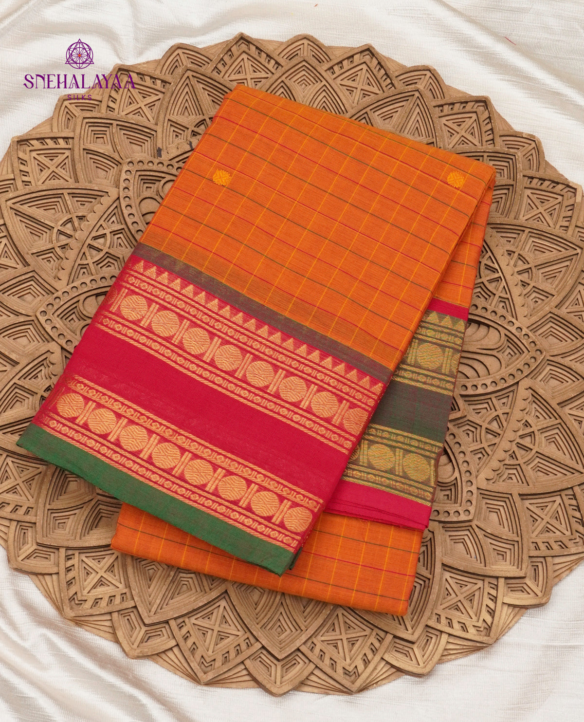 Checked Orange Kanchi Cotton Saree with Irandu Karai Zari Borders