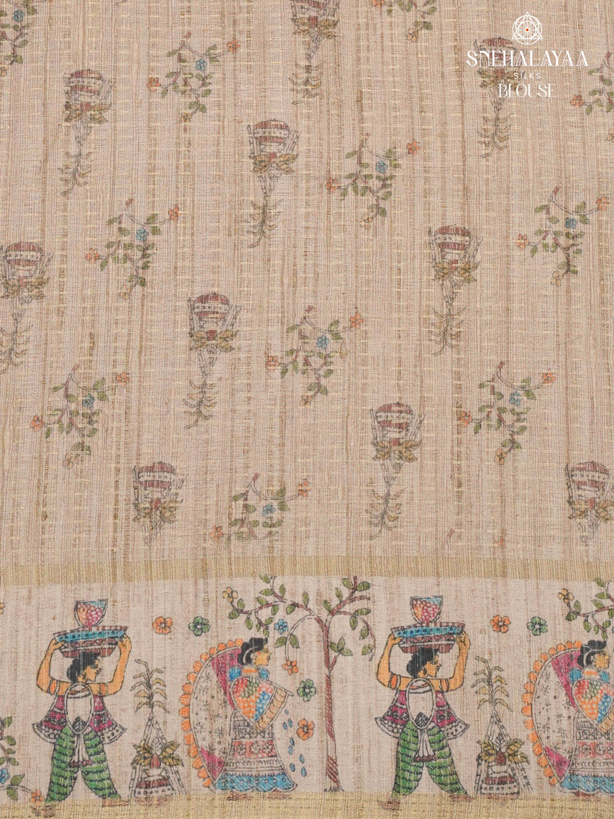 Brown Floral Printed Tussar Saree