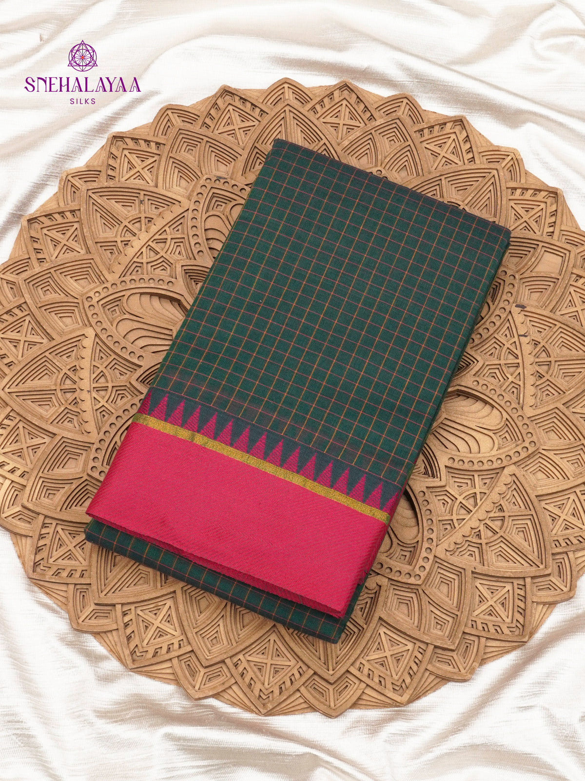 Dark Green Checked Chettinad Cotton Saree