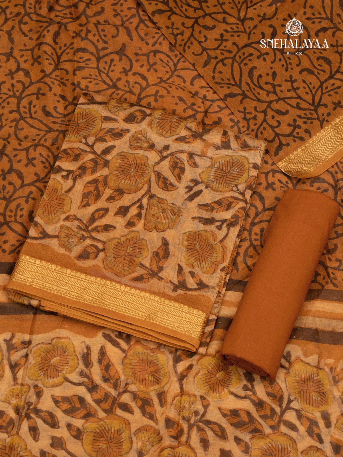 Brown Chanderi Cotton 3-Piece Salwar Suit Material