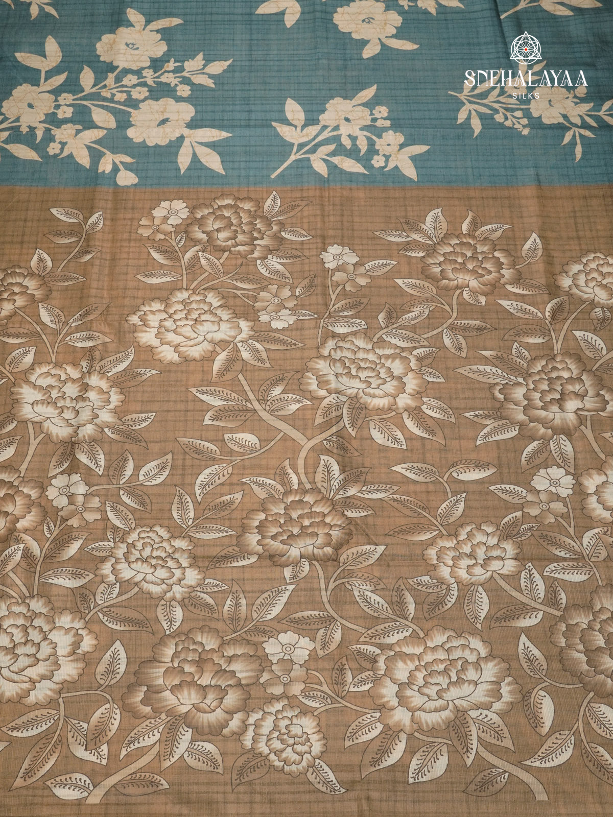 Teal Blue Floral Printed Tussar Saree