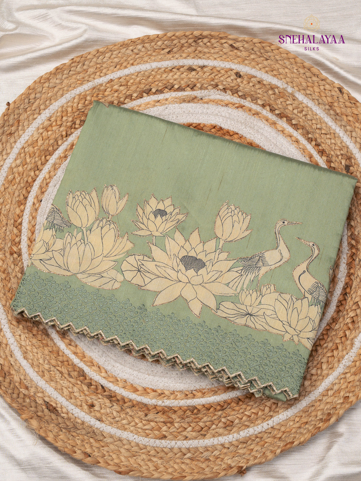Pale Green Raw Silk Embroidery Saree