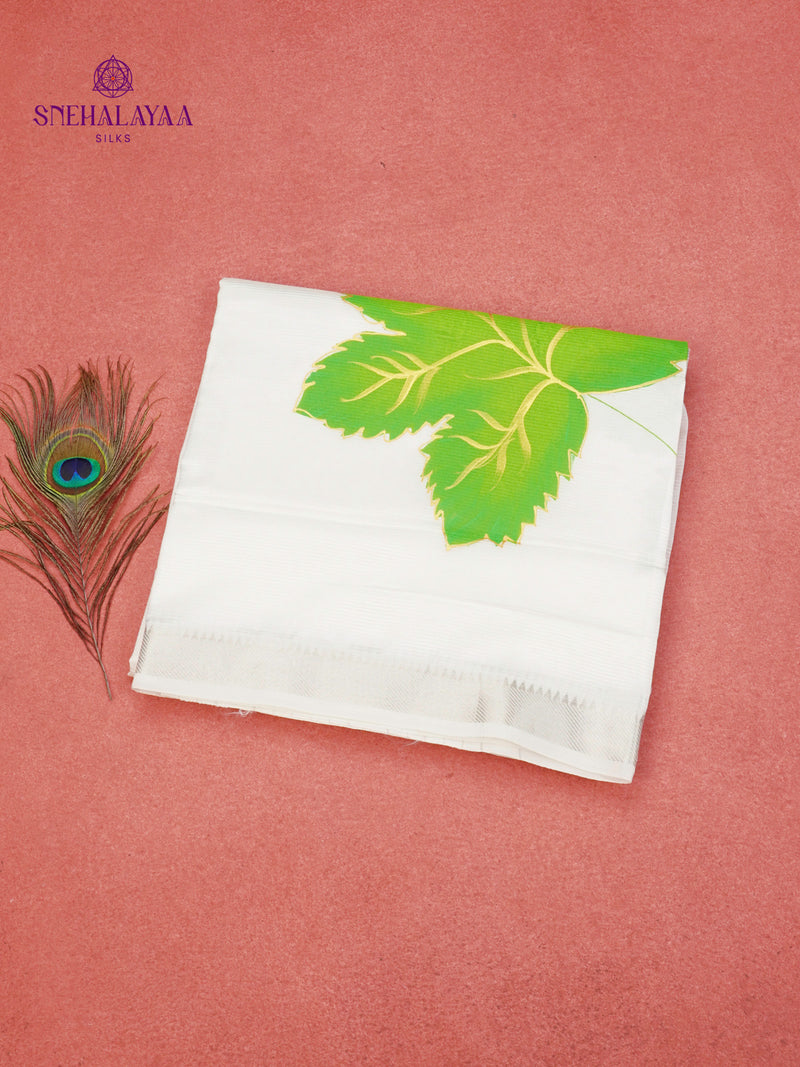 Off White Mangalagiri Silk Cotton Saree with Hand Painted Parrot Green Leaf Motifs