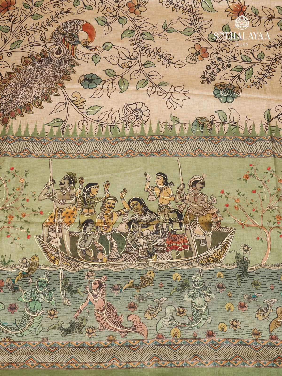 Beige With Olive Green Border Floral Printed Tussar Saree