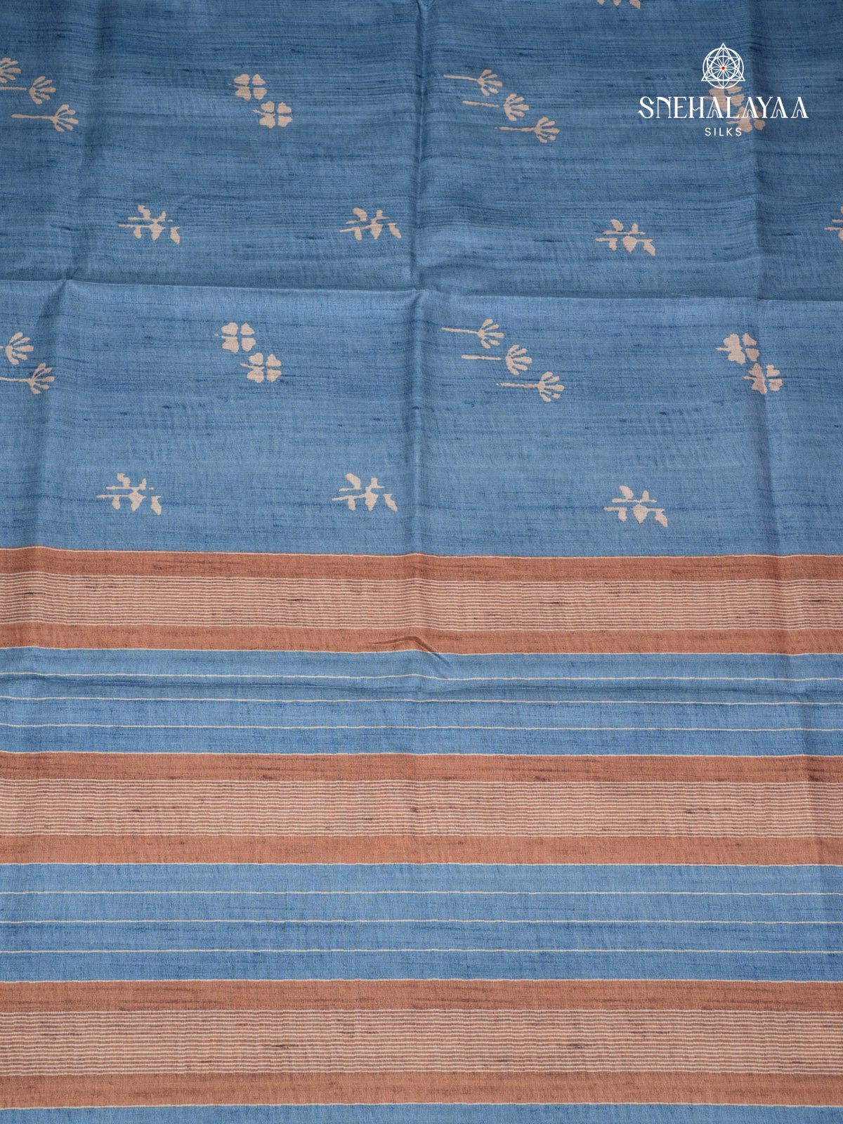 Teal Blue Floral Printed Tussar Saree