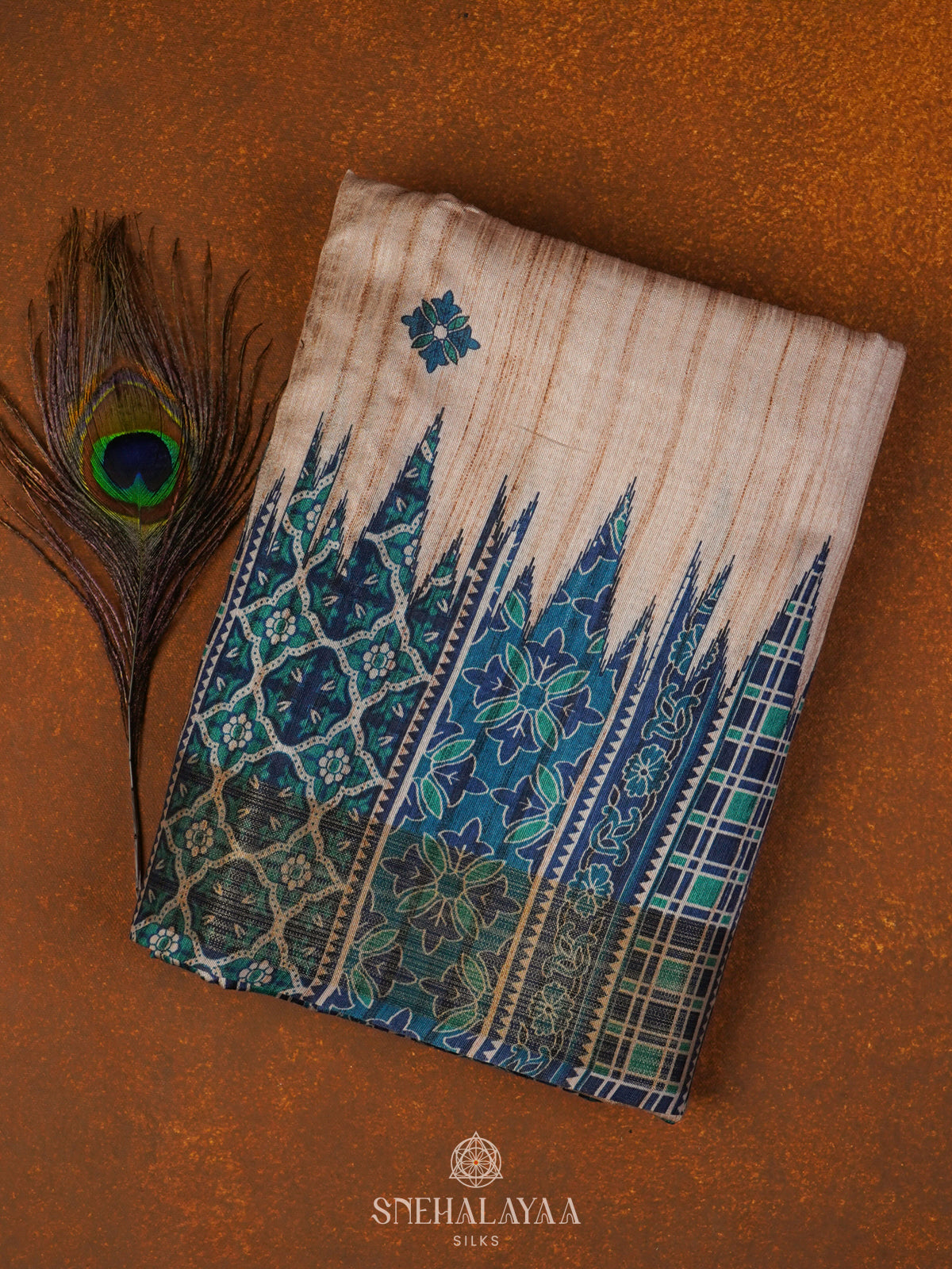 Beige with Blue Border Tussar Saree