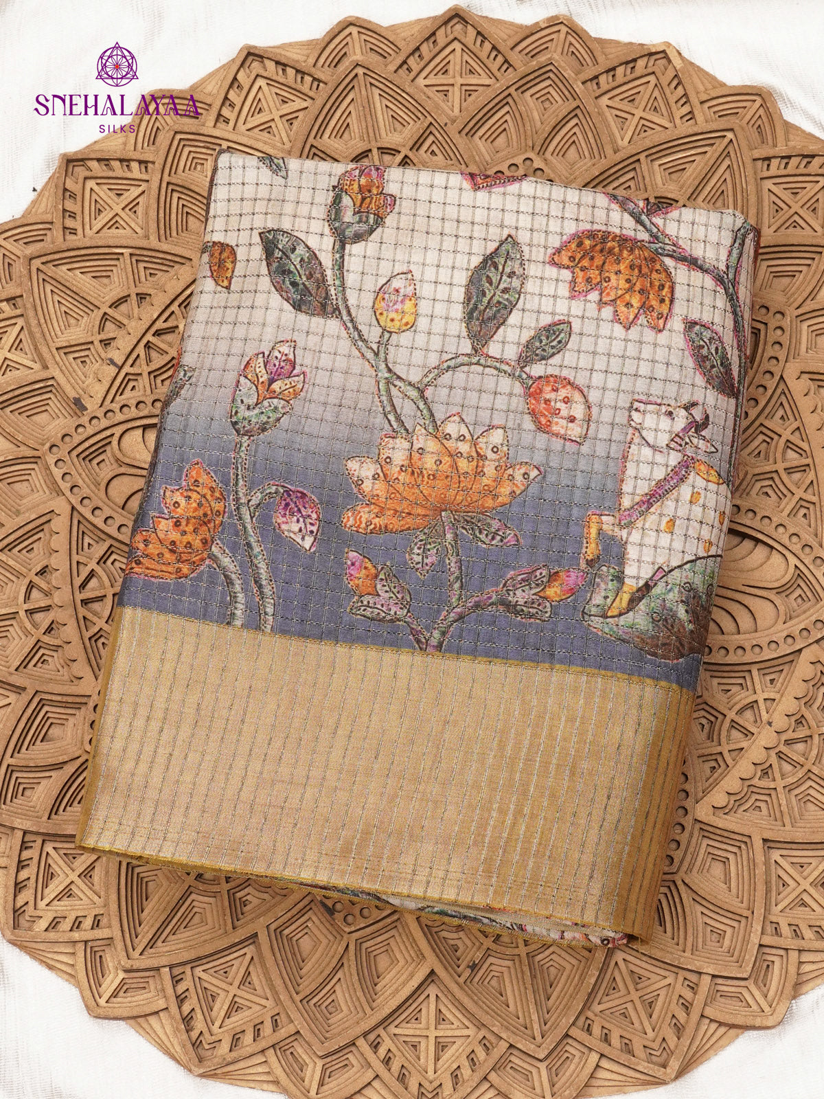 Pastel Blue Floral Printed Tussar Saree