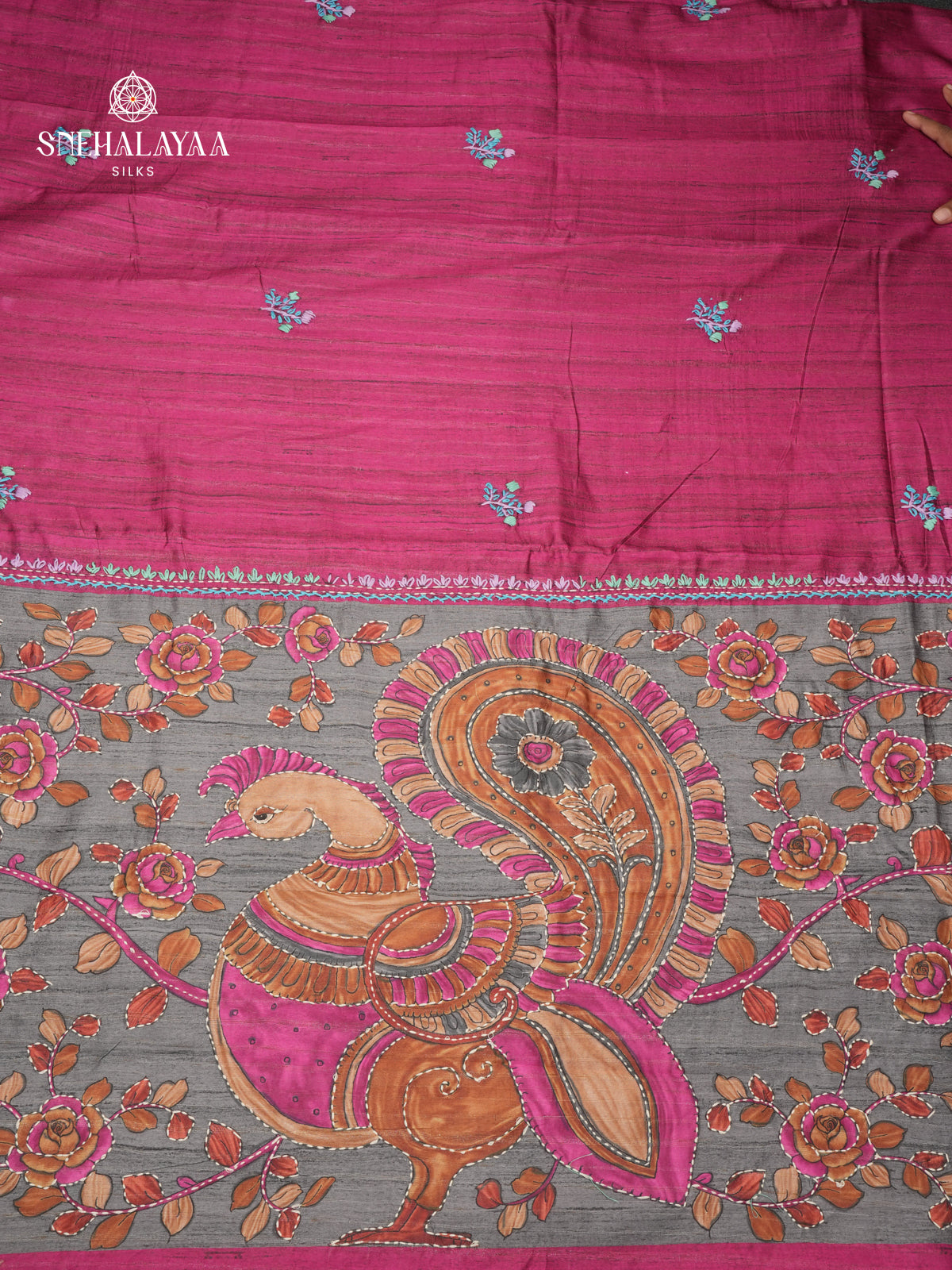 Magenta Tussar Embroidery Saree