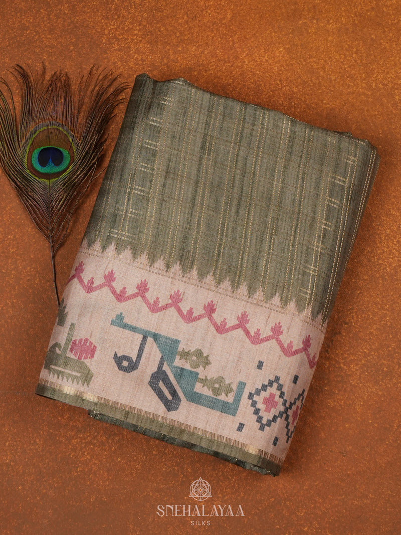 Olive Green Tussar Saree