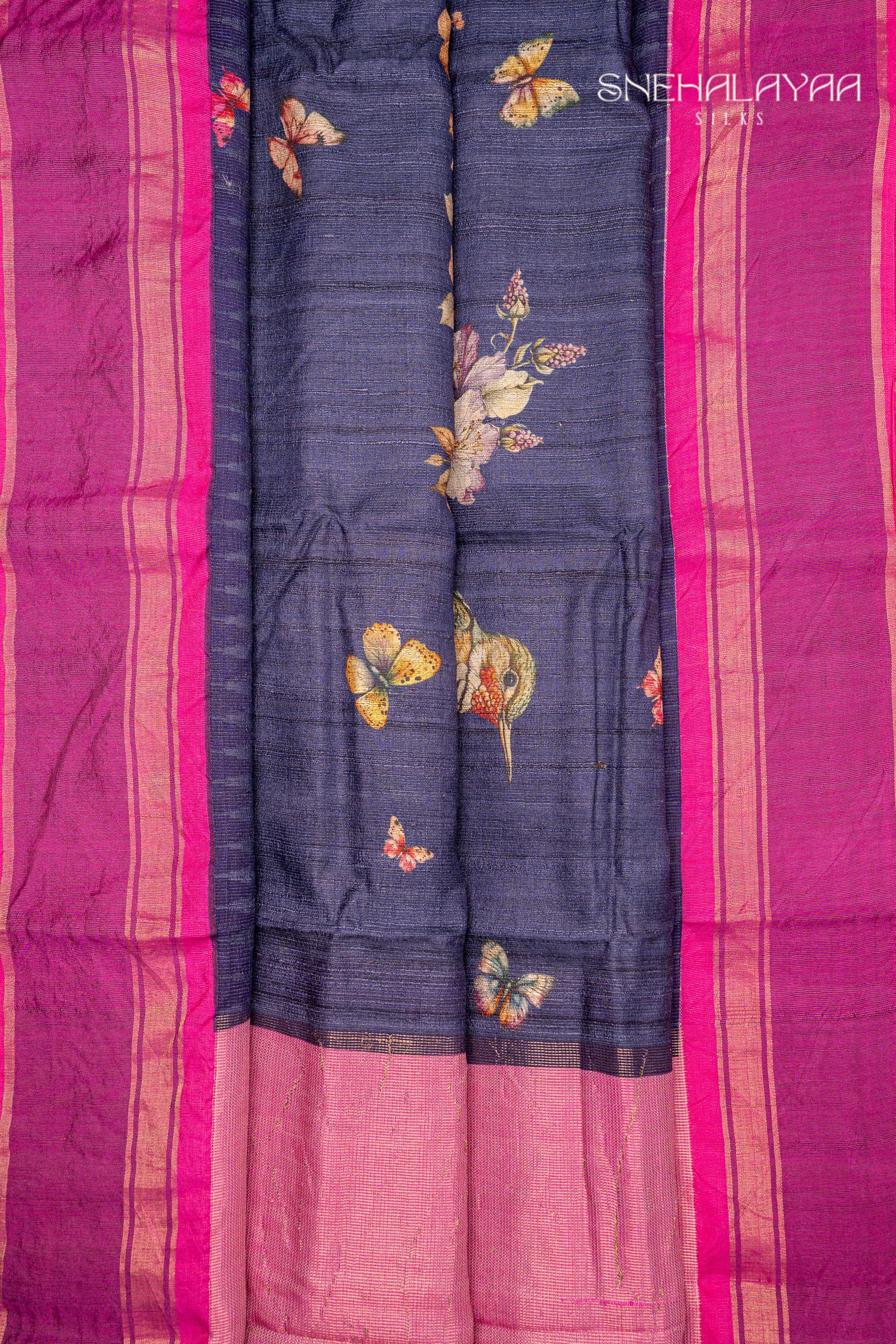 Indigo Blue Jute Tussar Saree