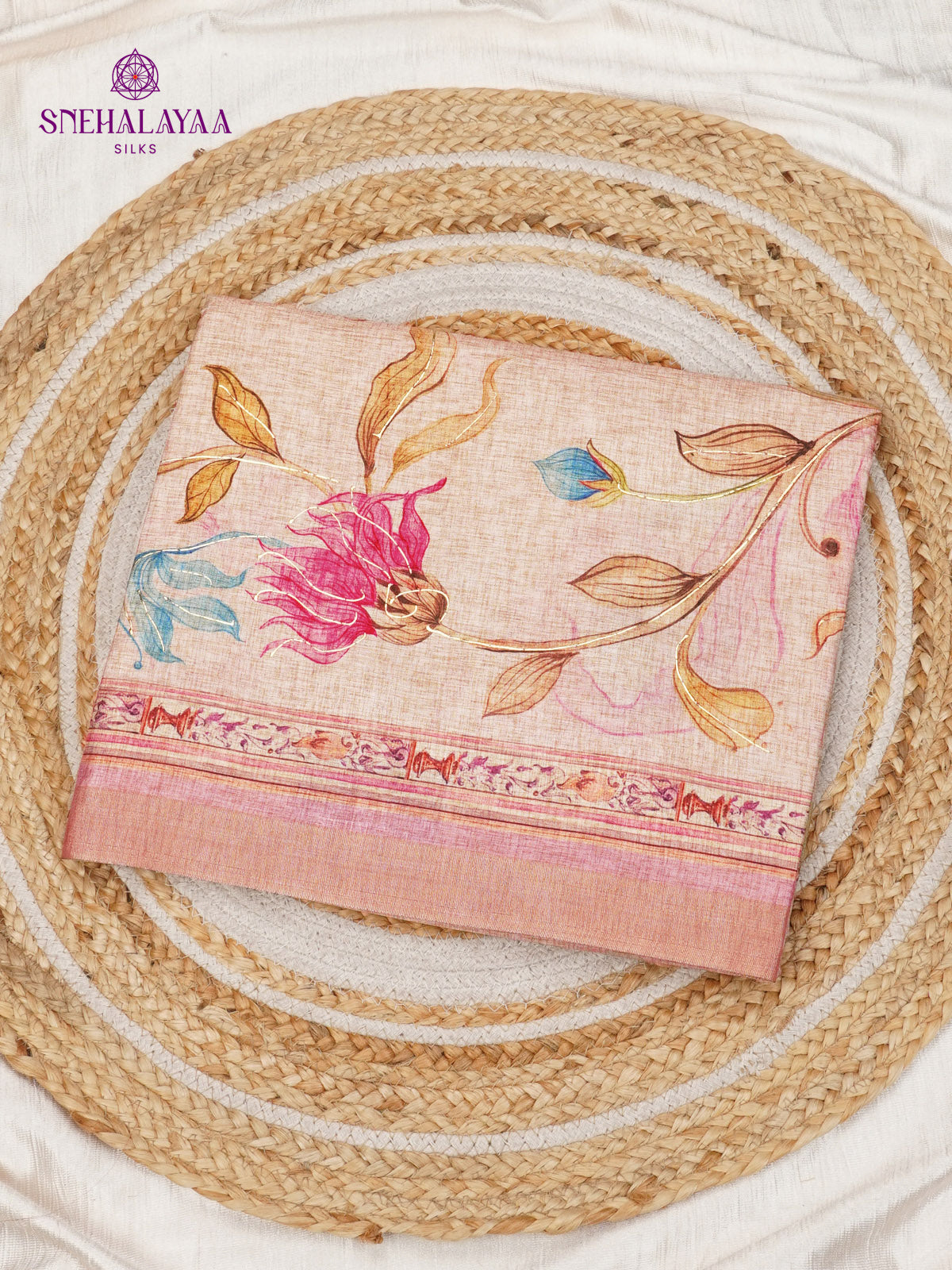 Pink Floral Printed Tussar Saree