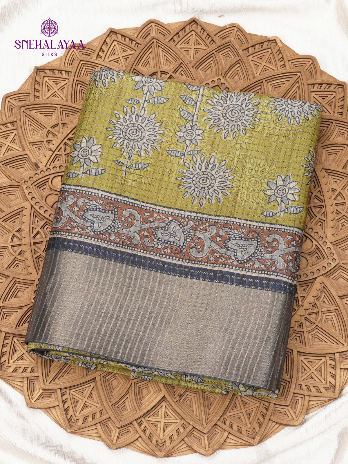 Olive Green Floral Printed Tussar Saree