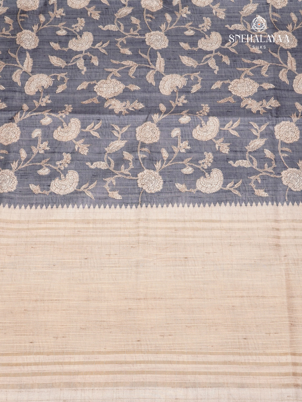 Grey Floral Printed Tussar Saree