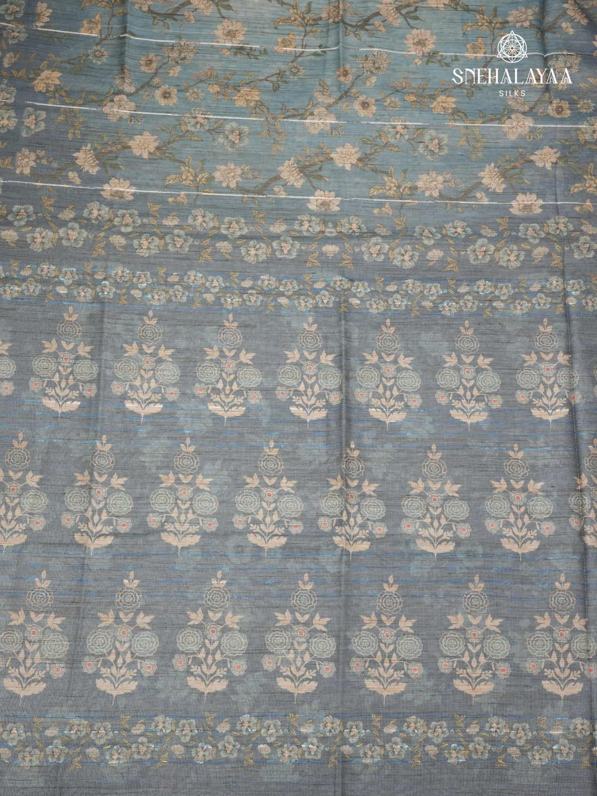 SeaFoam Blue Floral Printed Tussar Saree