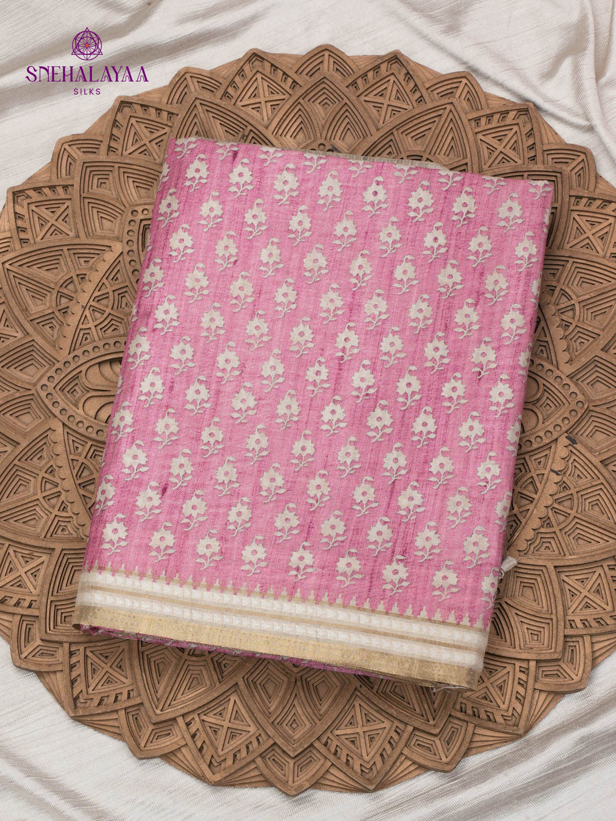 Pale Pink Floral Printed Tussar Saree
