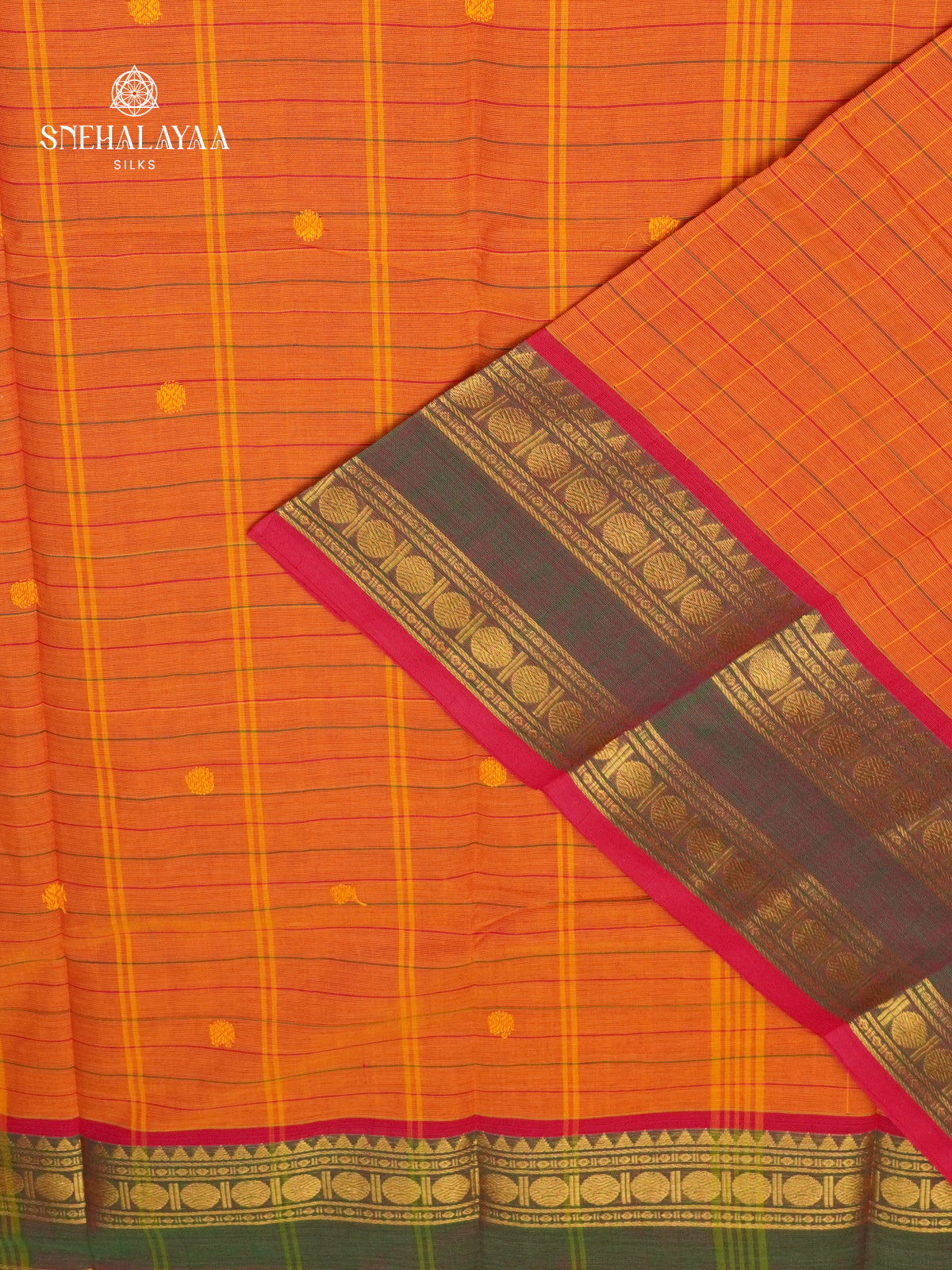 Checked Orange Kanchi Cotton Saree with Irandu Karai Zari Borders