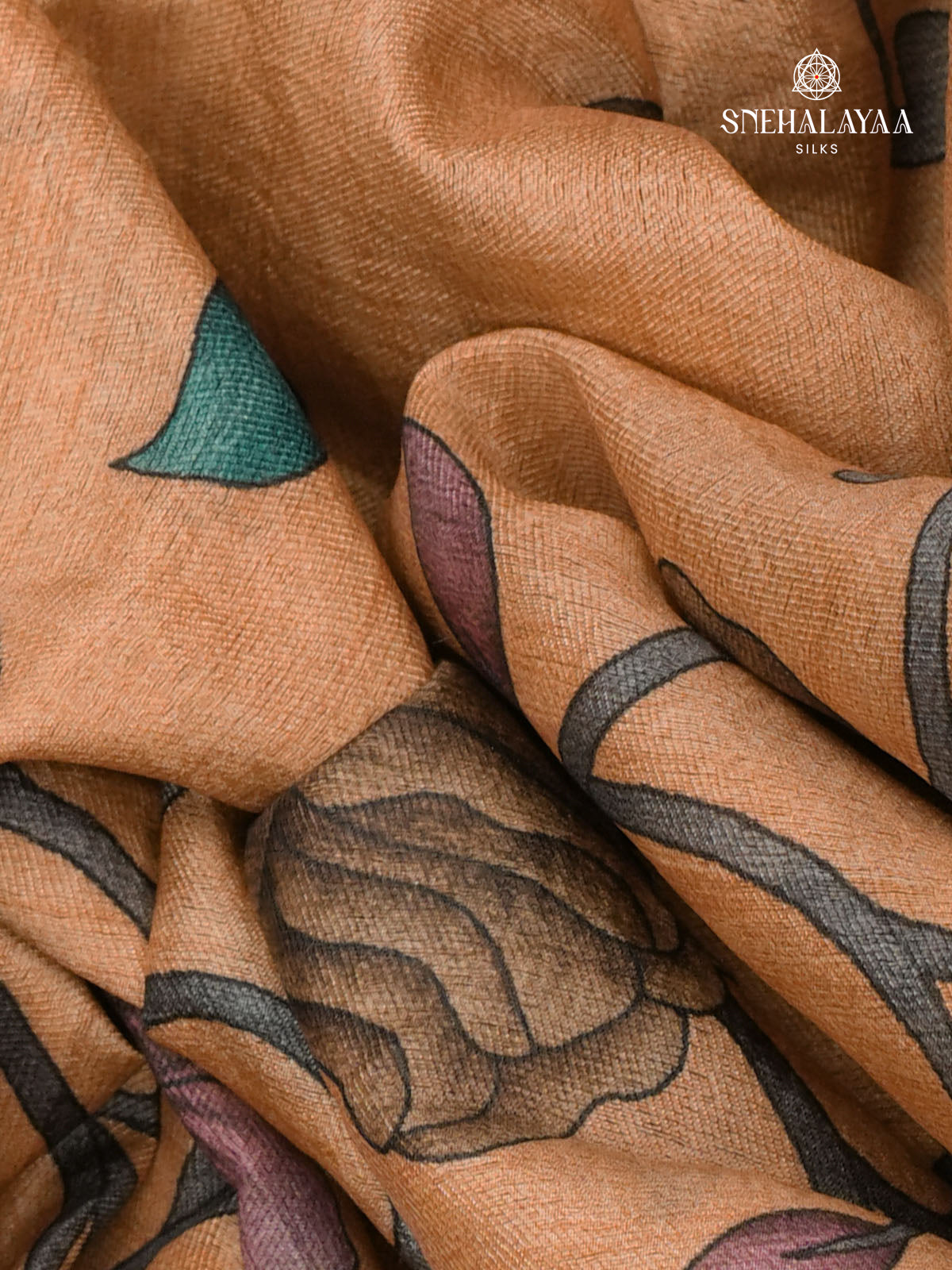 Saffron Floral Printed Tussar Saree