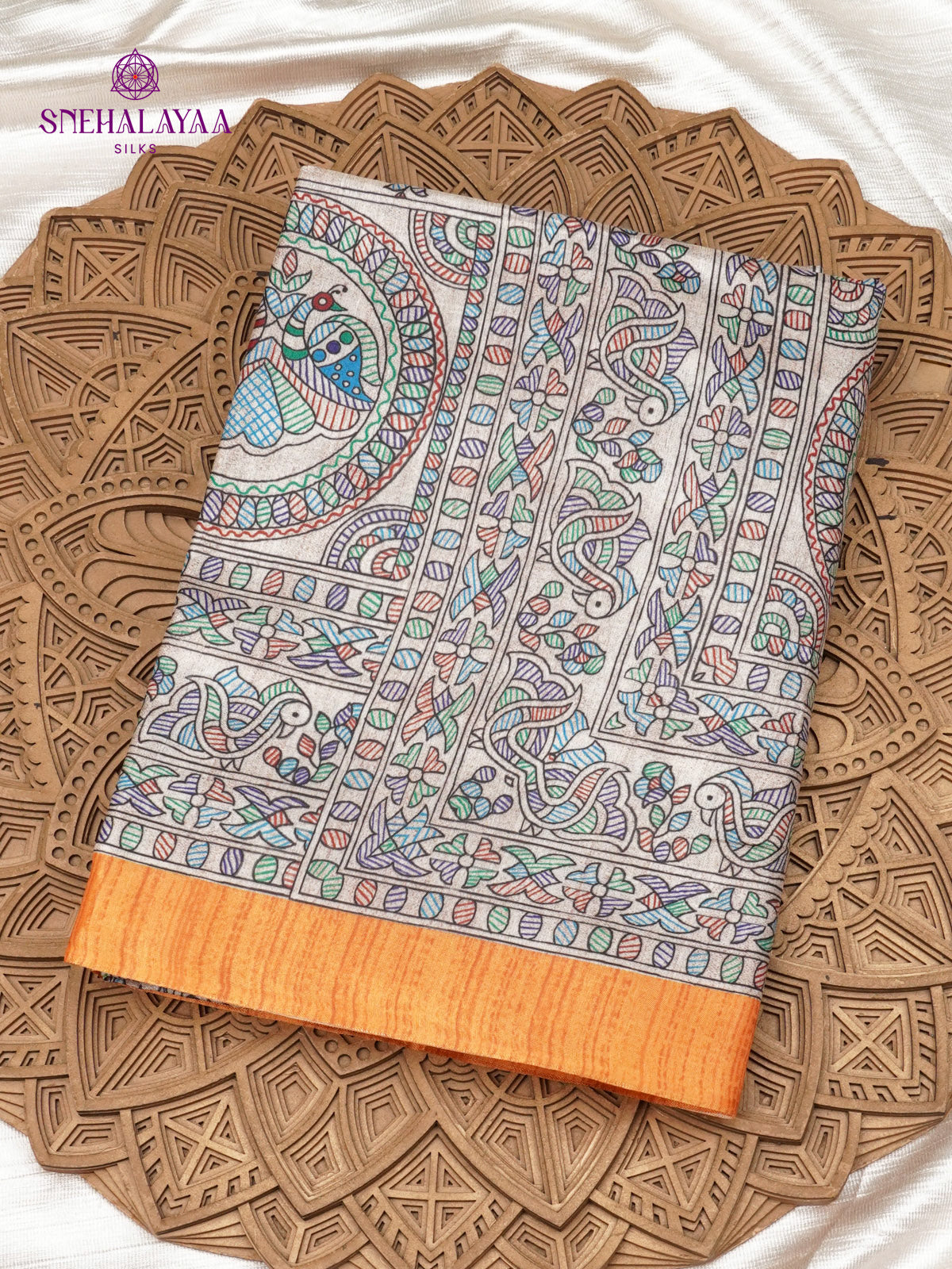 Beige With Orange Border Madhubani Saree