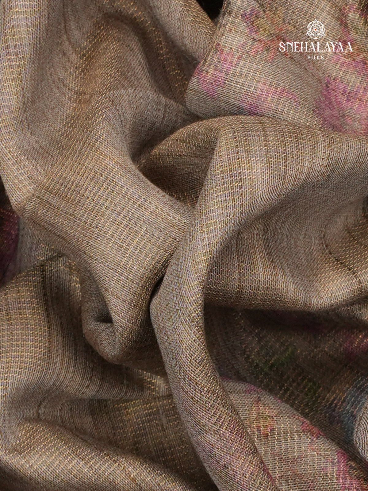 Brown Floral Printed Tussar Saree