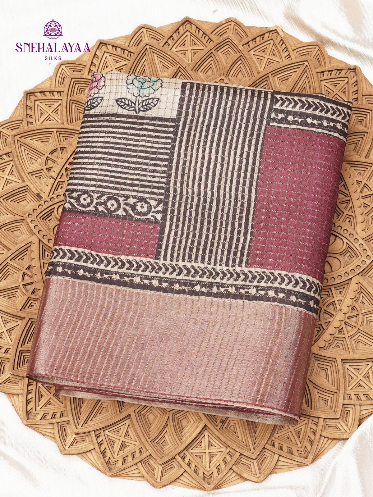 Magenta Floral Printed Tussar Saree