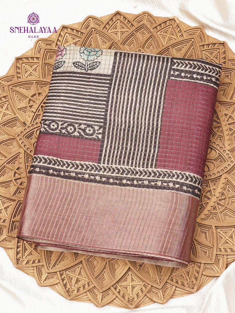 Magenta Floral Printed Tussar Saree