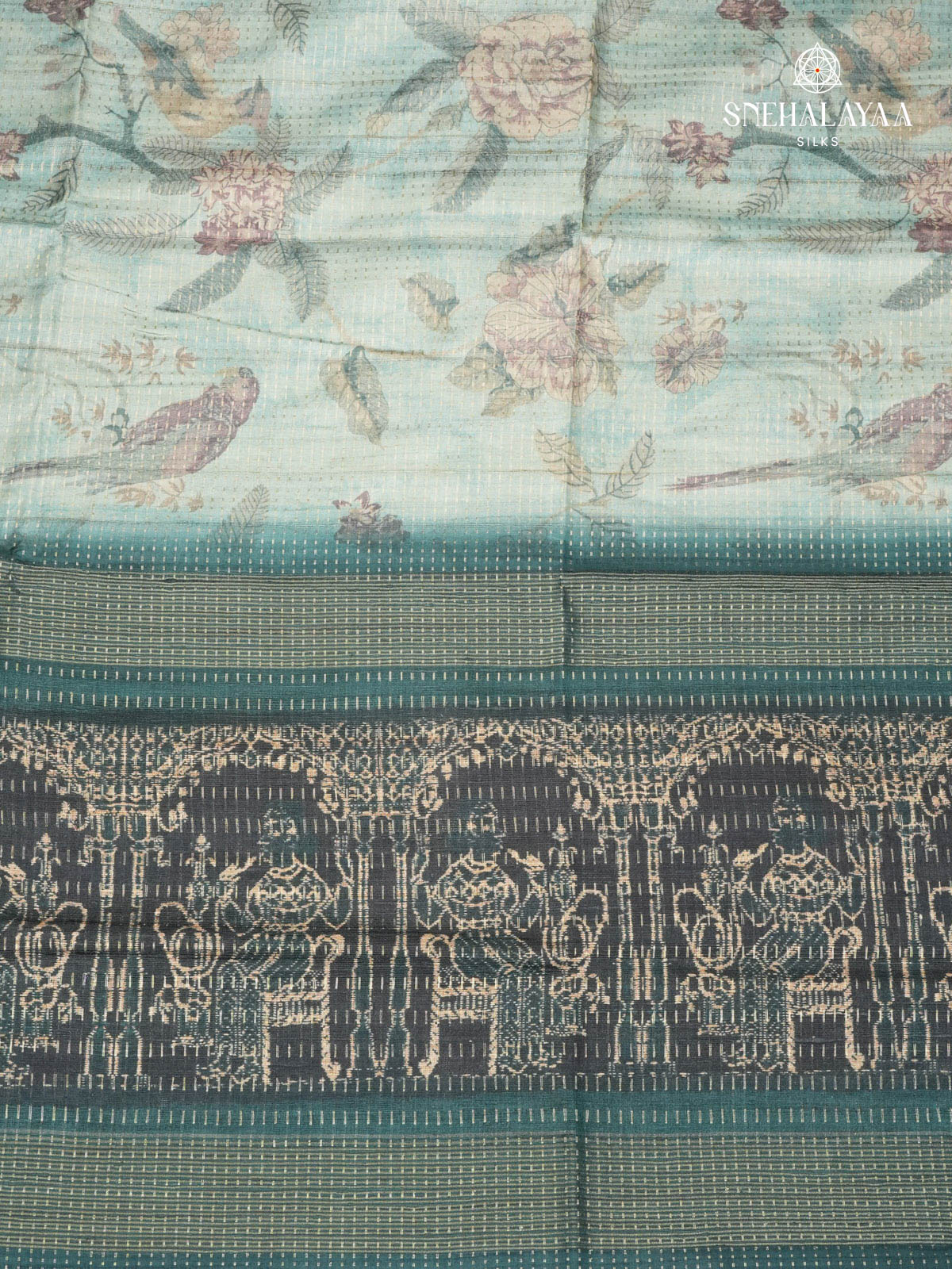 Teal Blue Floral Printed Tussar Saree