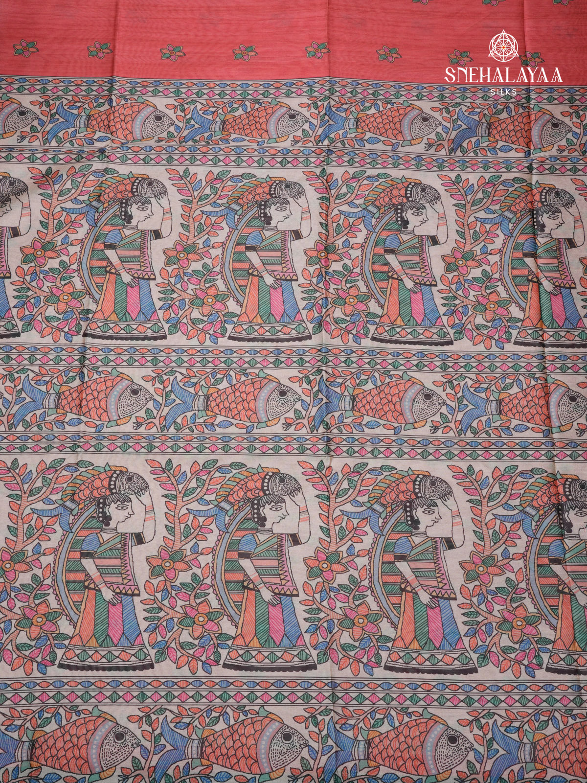 Red Madhubani Printed Saree