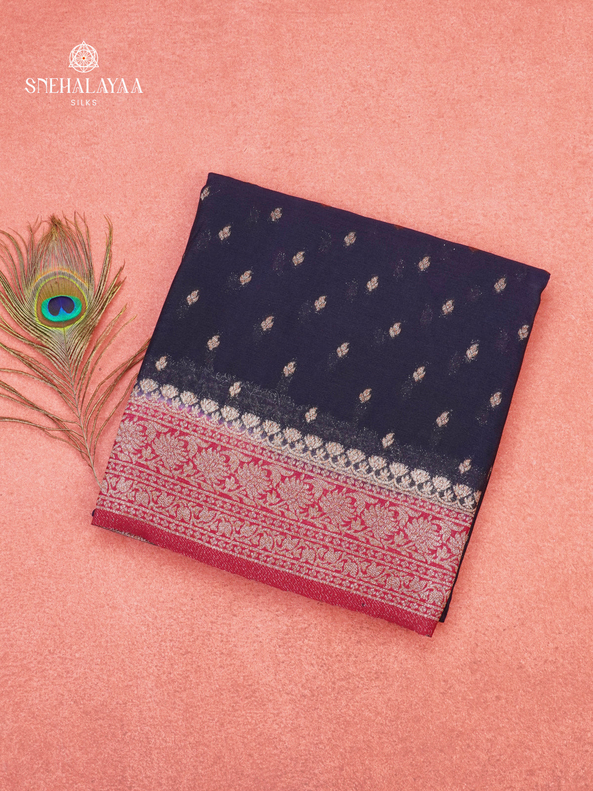 Navy Blue Banaras Crepe Silk Saree