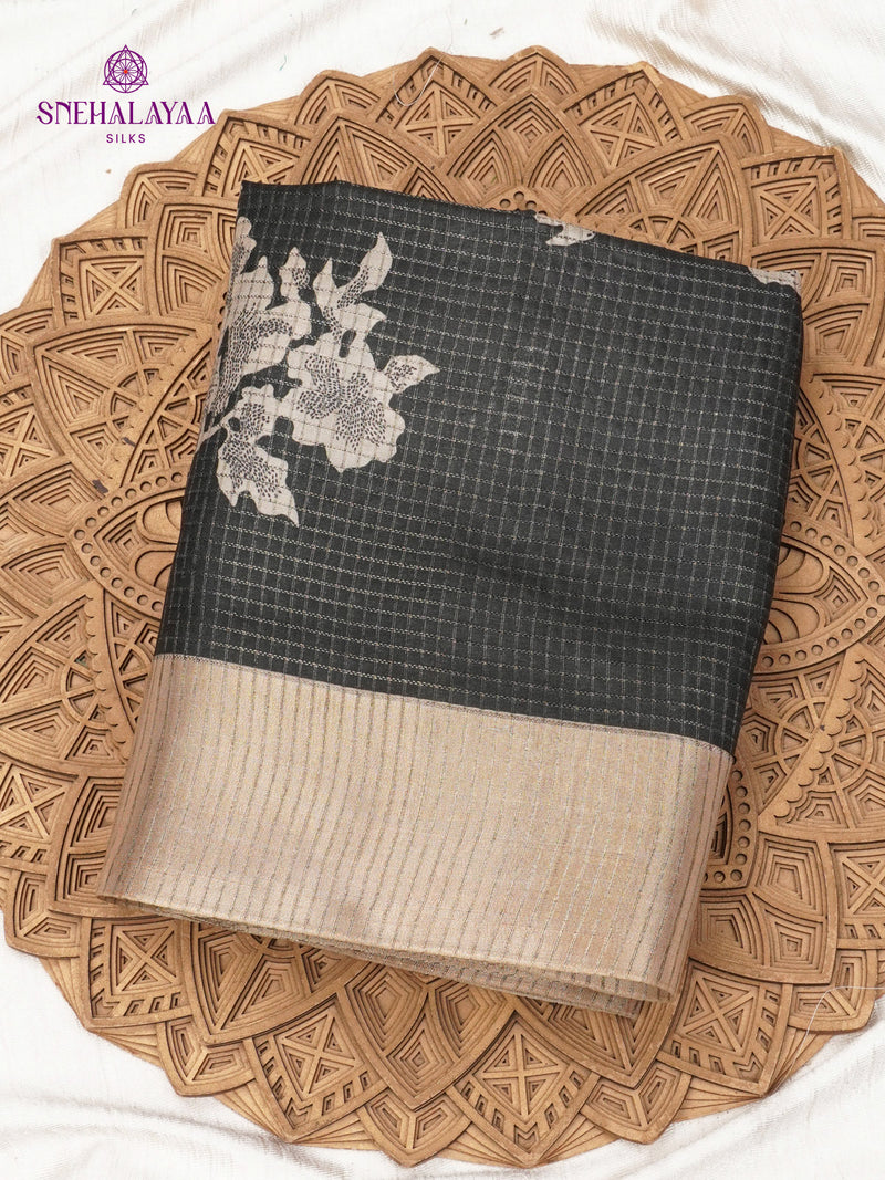 Black Floral Printed Tussar Saree