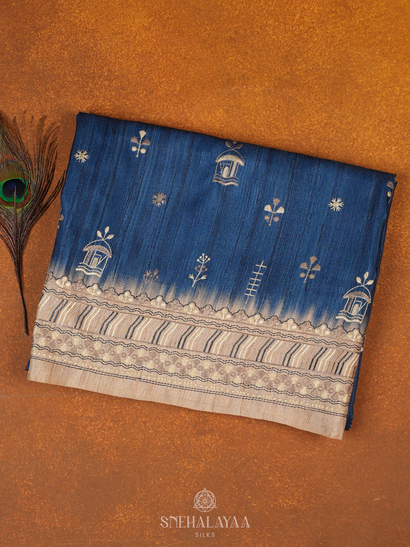 Blue Tussar Embroidery Saree