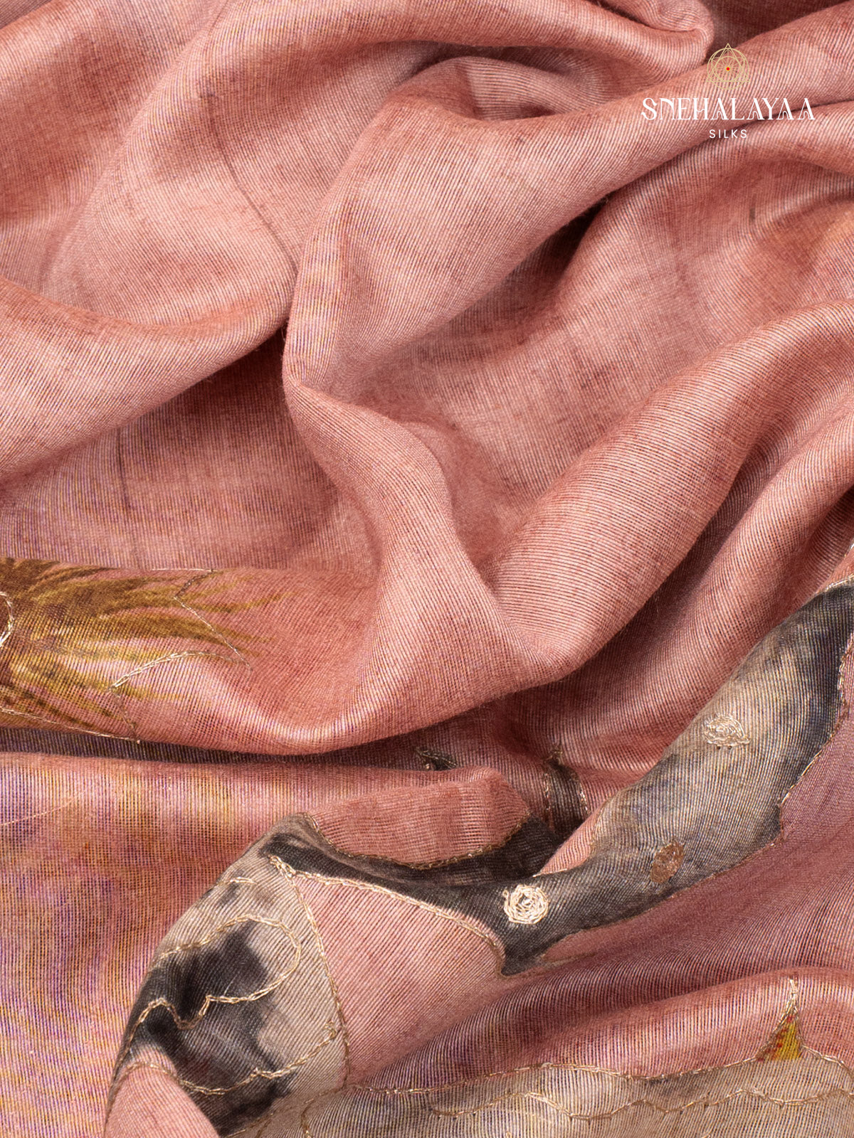 Peach Pink Linen Embroidery Saree