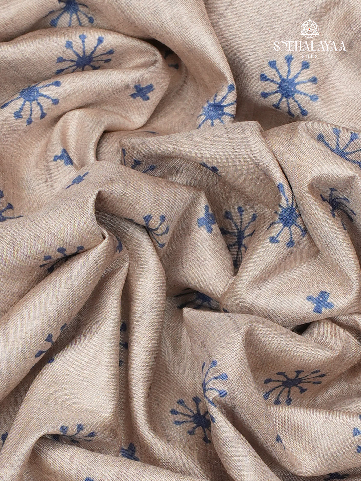 Beige With Blue Border Printed Tussar Saree