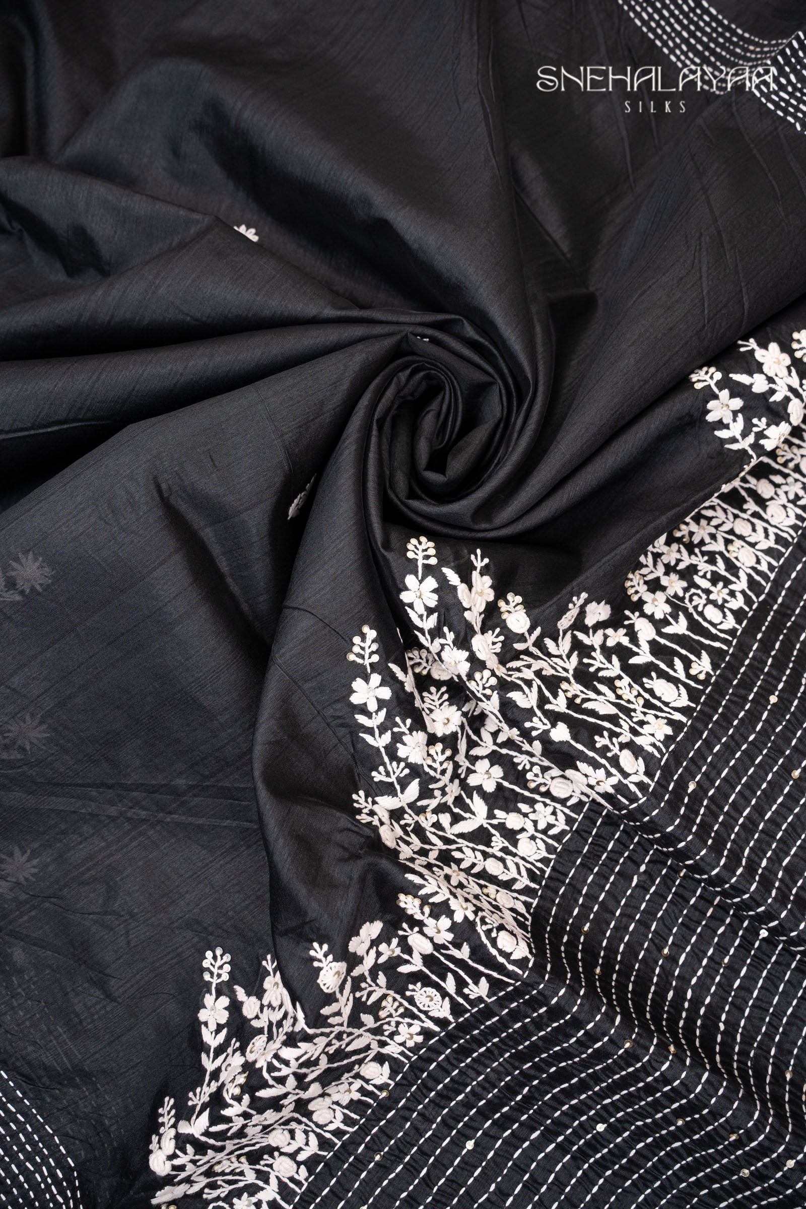 Black Raw Silk Embroidery Saree