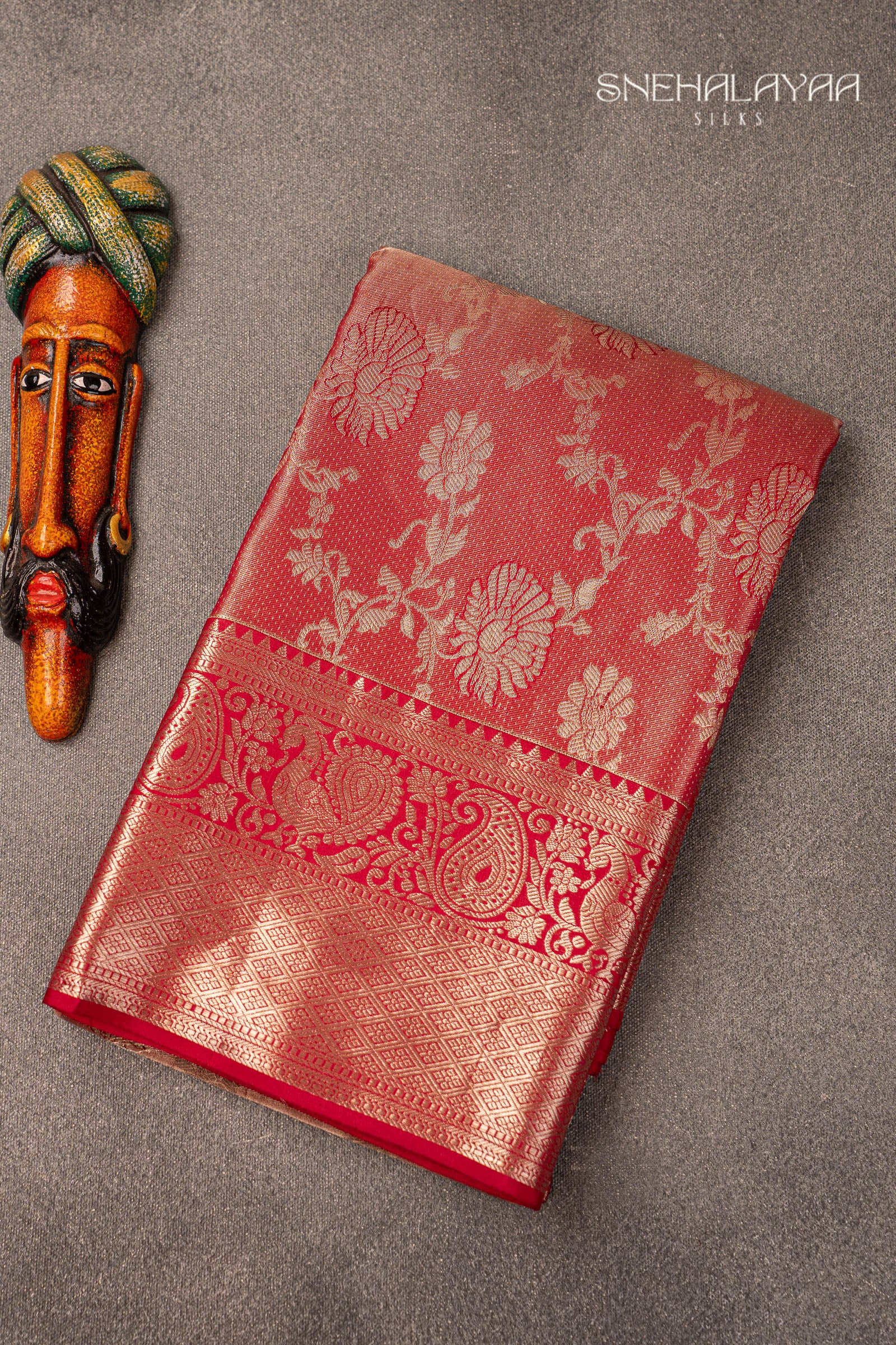 Blush Red Kancheevaram Silk Saree