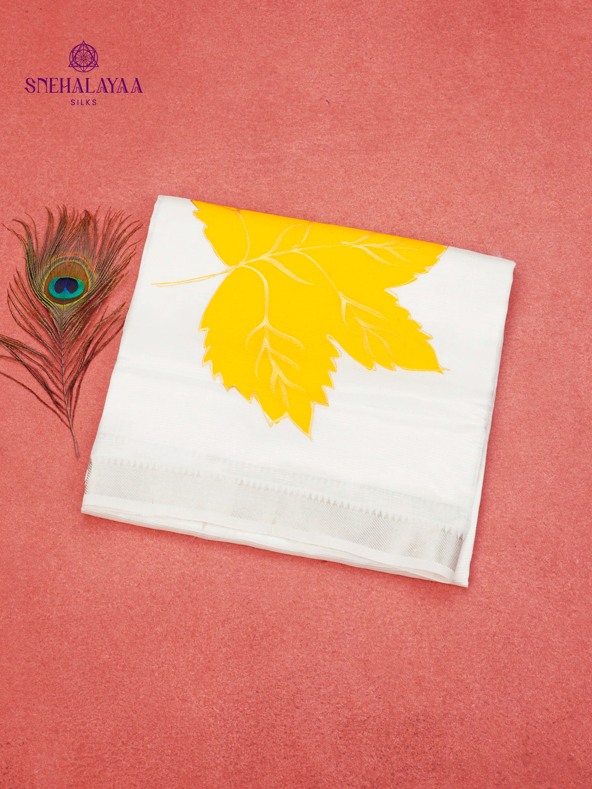 Off White Mangalagiri Silk Cotton Saree with Hand Painted Yellow Leaf Motifs