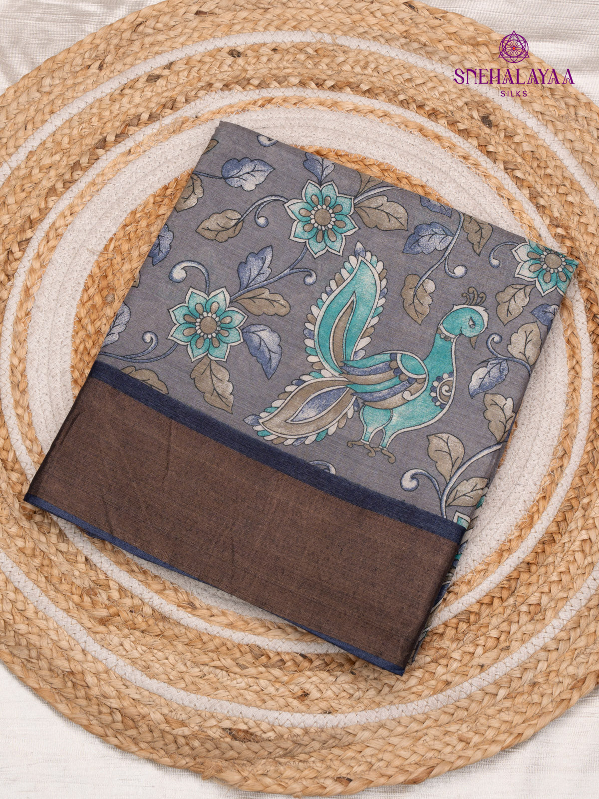 Grey Printed Tussar Saree