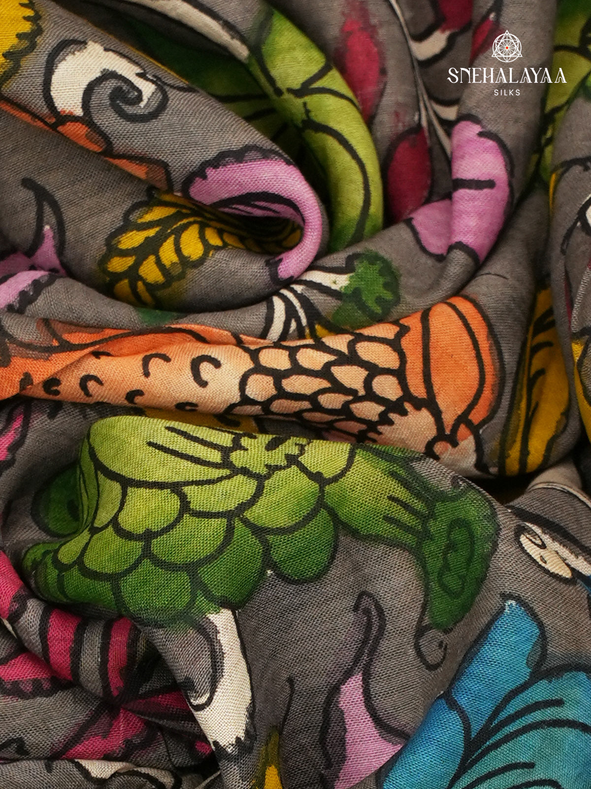 Grey Kalamkari Hand Painted Saree