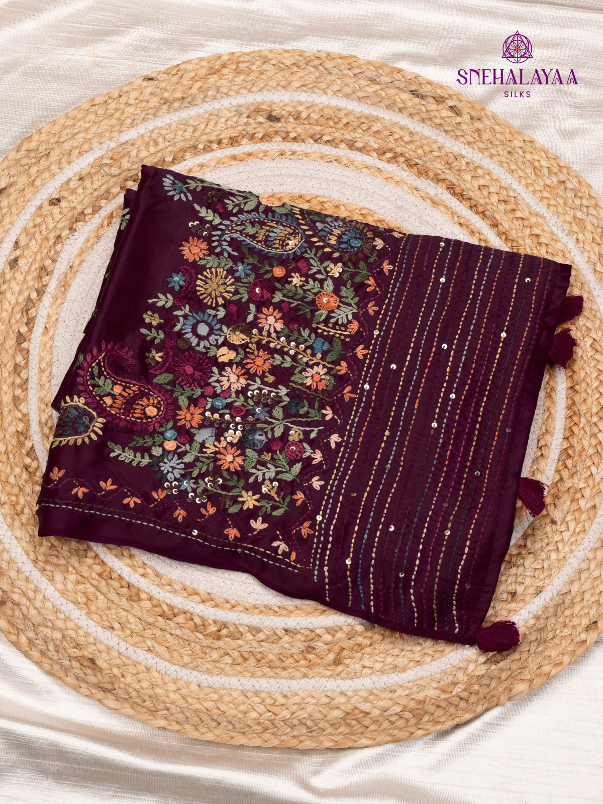 Burgundy Satin Embroidery Saree