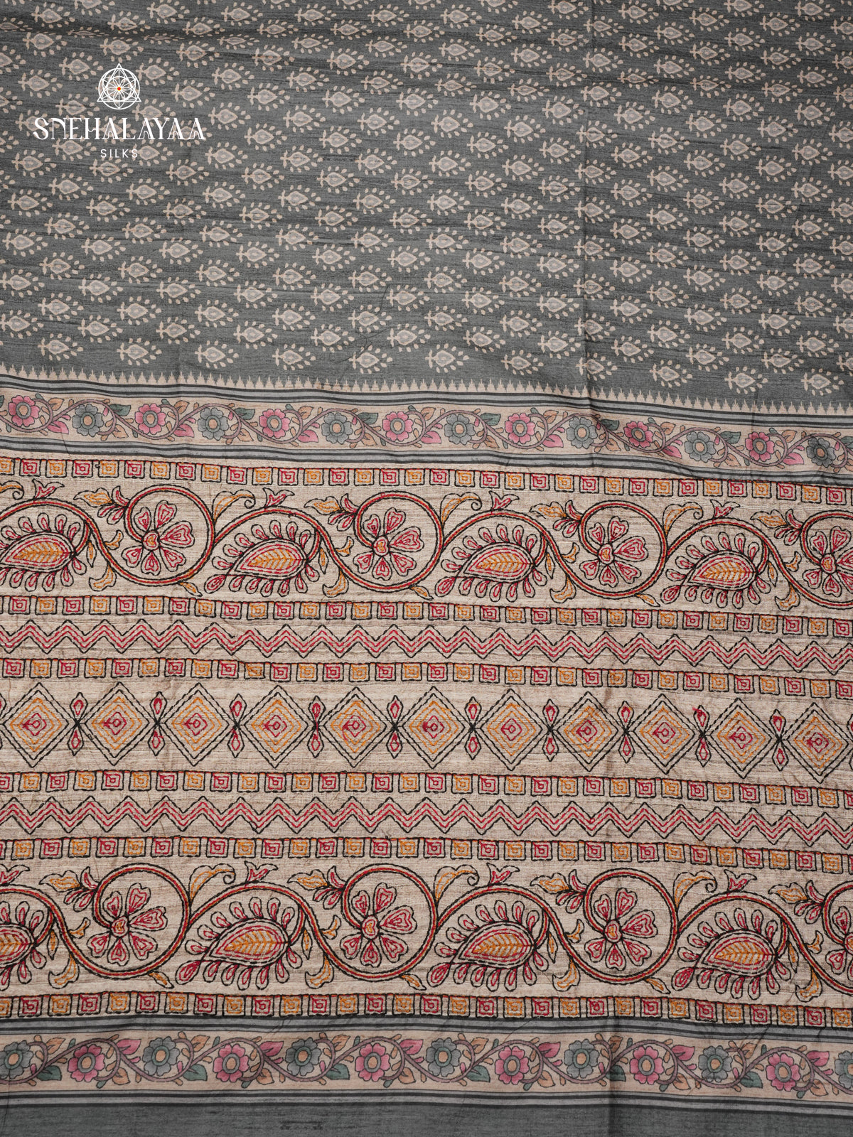 Grey Tussar Embroidery Saree