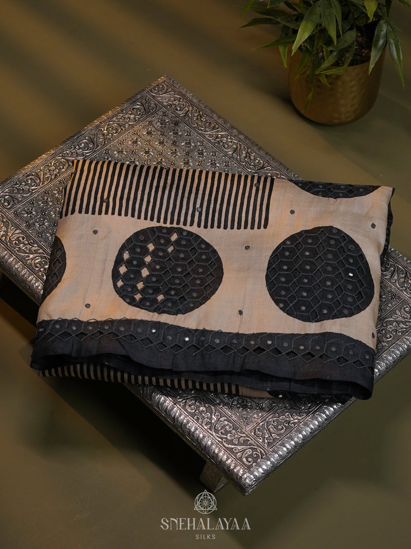 Beige Tussar Embroidery Saree