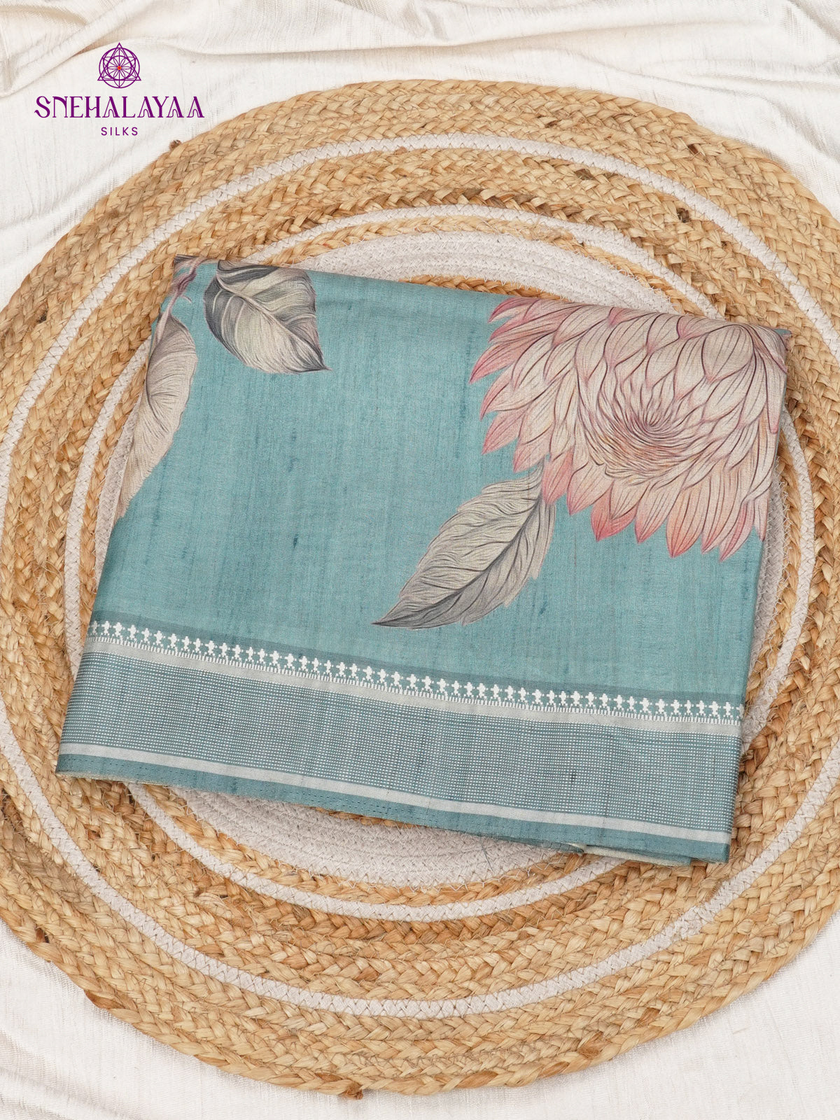 Pastel Blue Floral Printed Tussar Saree