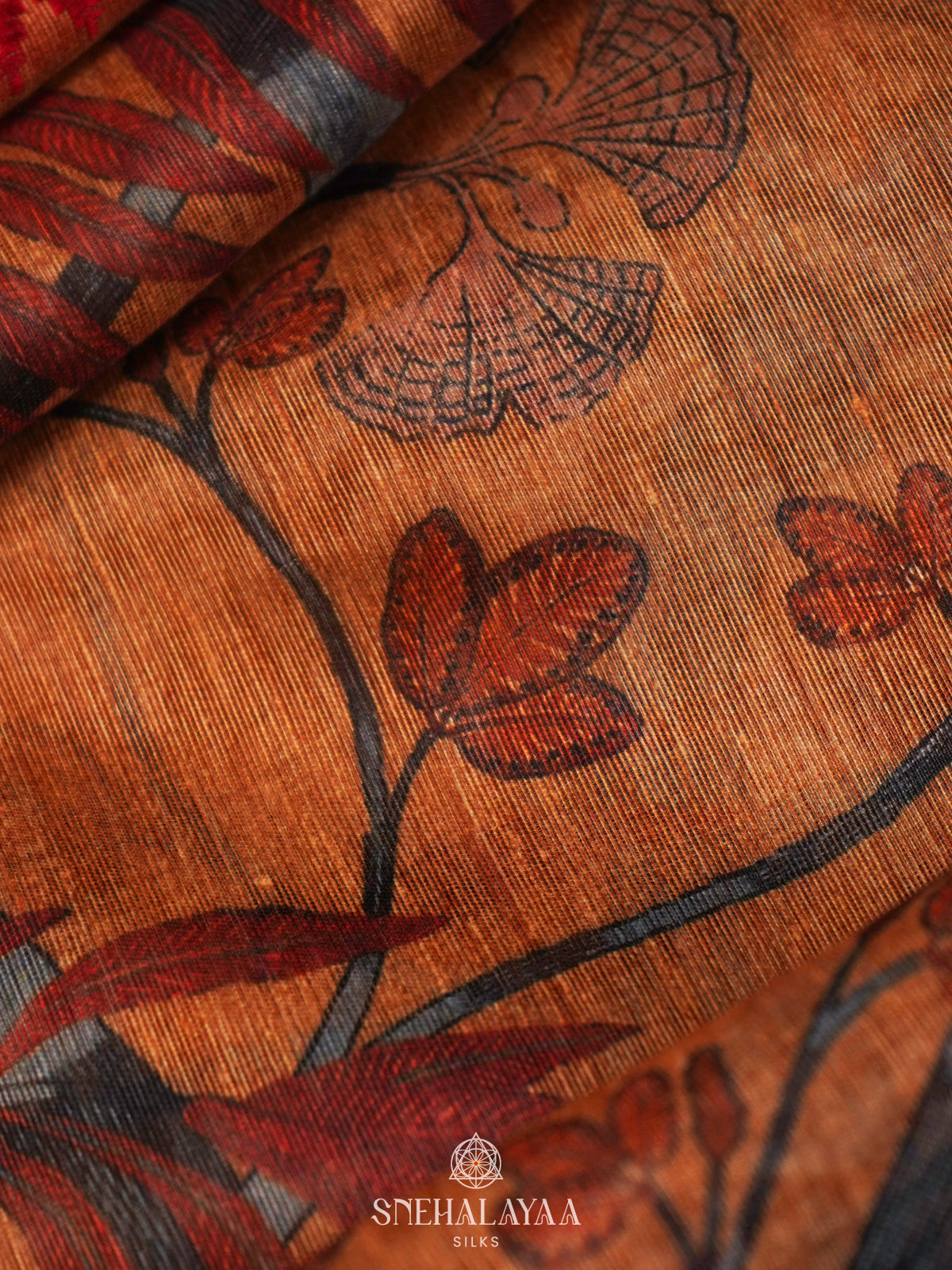 Orange Printed Linen Saree